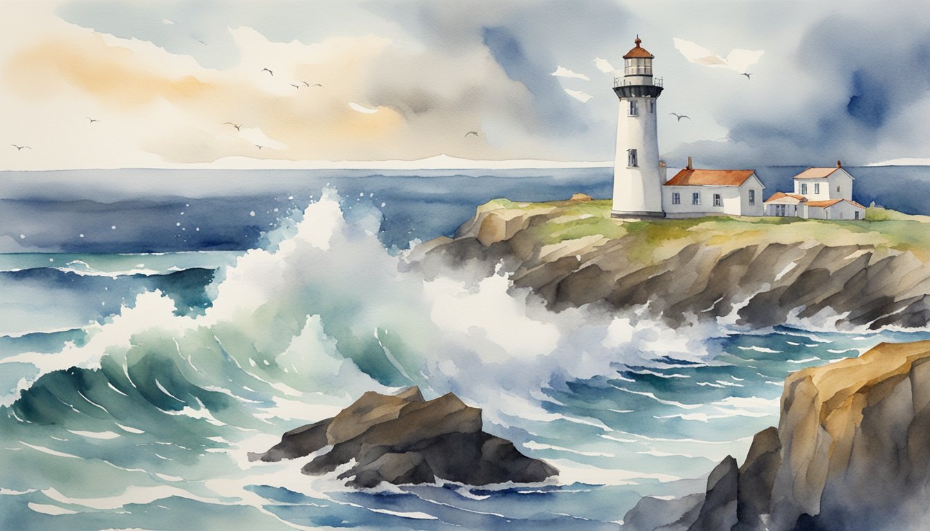 A historic lighthouse stands tall on a rocky coastline, surrounded by crashing waves and dramatic cliffs, symbolizing its cultural significance