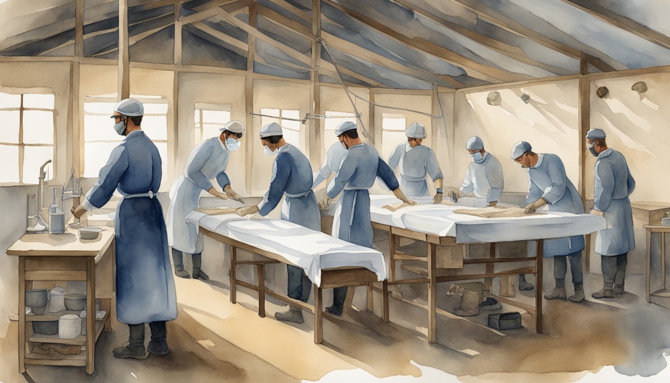 Surgeons in a WWI field hospital, developing techniques for reconstructive surgery, using primitive tools and materials