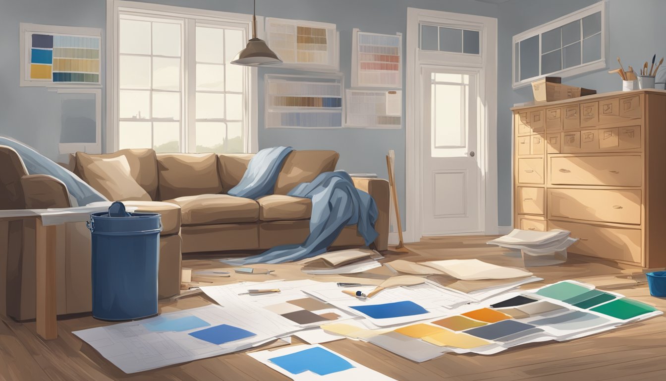 A house with tools, paint swatches, and blueprints scattered around. A calendar on the wall shows dates crossed off. Dust sheets cover furniture