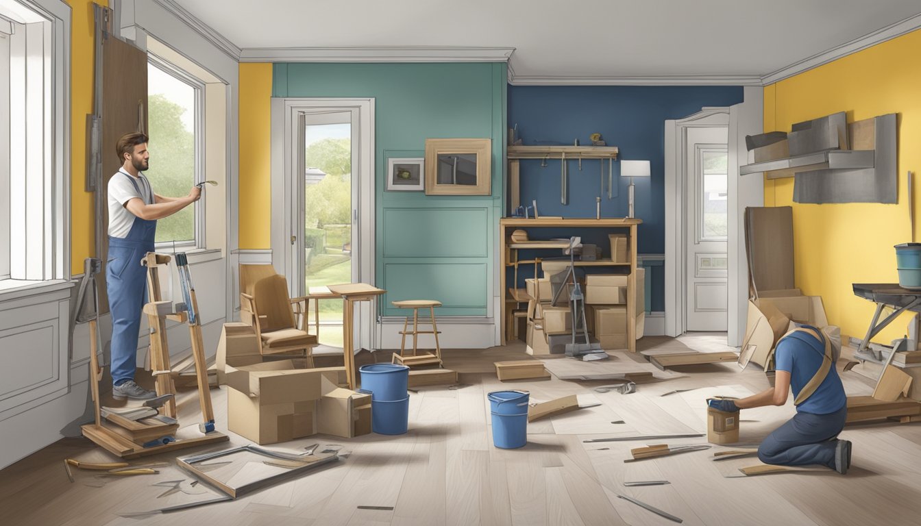 A house being renovated with tools, paint, and furniture being moved