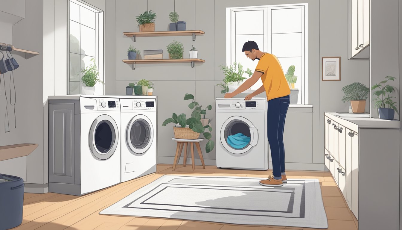 A person measures the dimensions of their laundry space, researches washing machine sizes, and calculates the ideal weight capacity needed