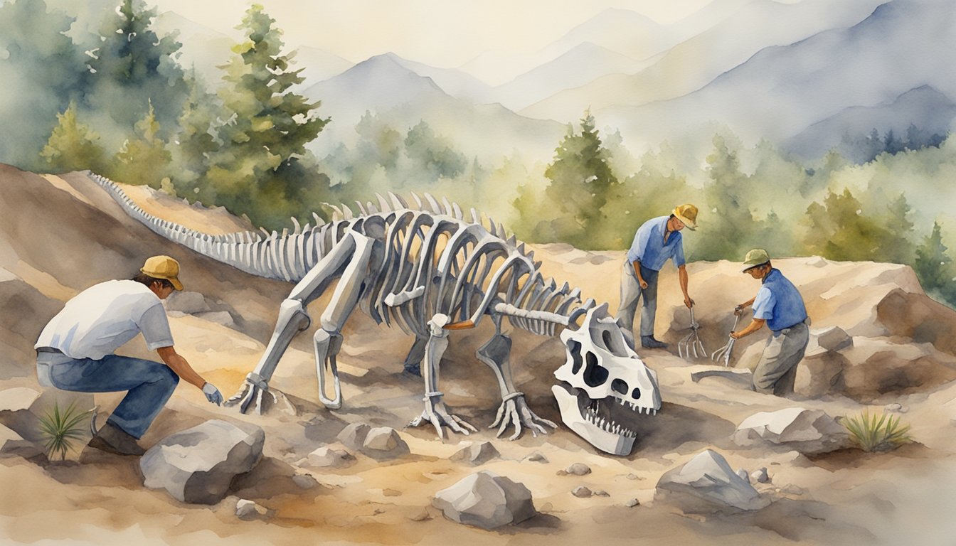 A group of paleontologists carefully excavate a dinosaur skeleton while researchers study fossils in a lab, showcasing the broader impact of recent dinosaur discoveries