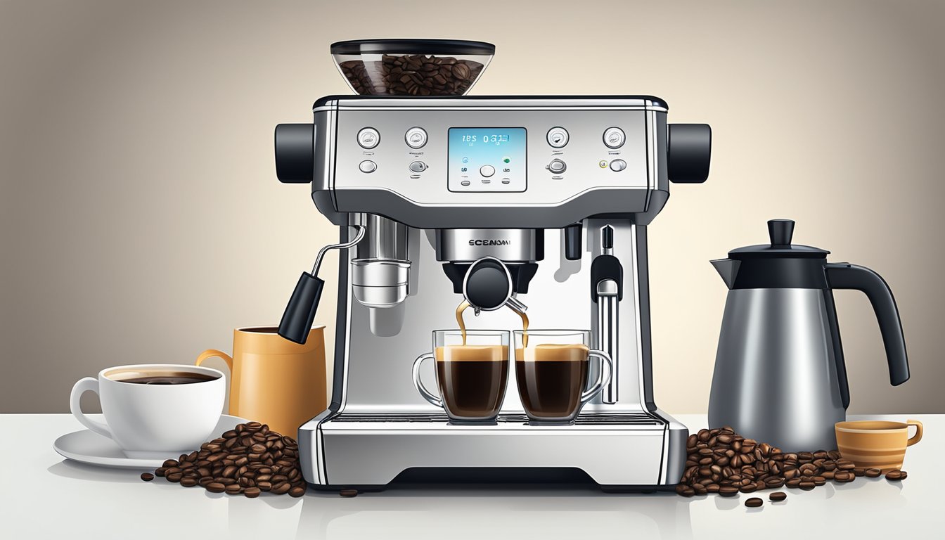 A coffee machine sits on a clean, clutter-free kitchen counter. Steam rises from a freshly brewed cup, surrounded by a selection of gourmet coffee beans and a frothing pitcher