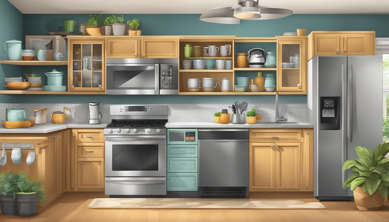 A kitchen scene with a stove, refrigerator, microwave, toaster, blender, and coffee maker on countertops. Cabinets and shelves hold pots, pans, and utensils