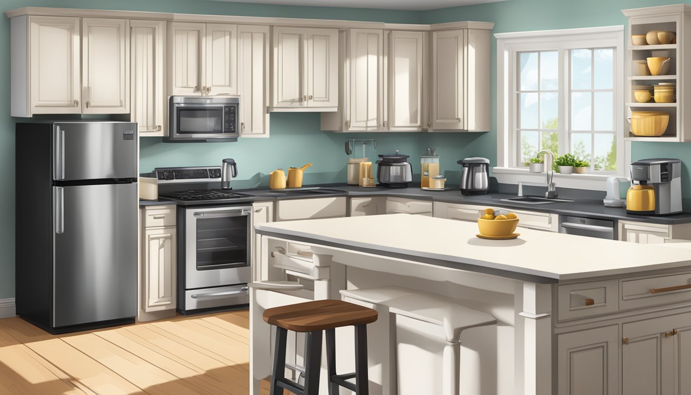 A kitchen counter with a toaster, blender, coffee maker, microwave, and electric kettle. Cabinets and utensils in the background