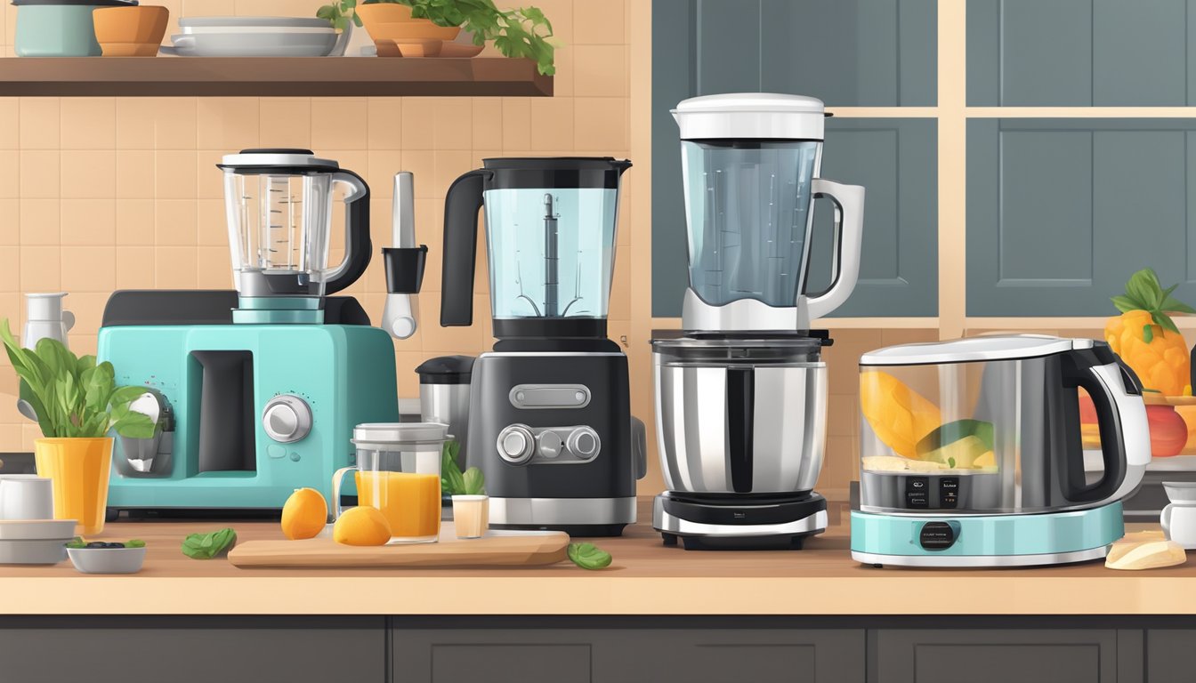 The kitchen counter is cluttered with a toaster, blender, coffee maker, and electric kettle. A stand mixer and food processor sit on the shelf