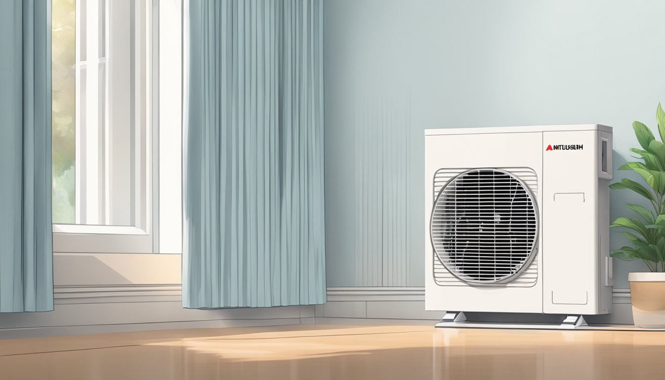 A Mitsubishi air conditioner in fan mode, with air flowing out of the unit and gently circulating through the room