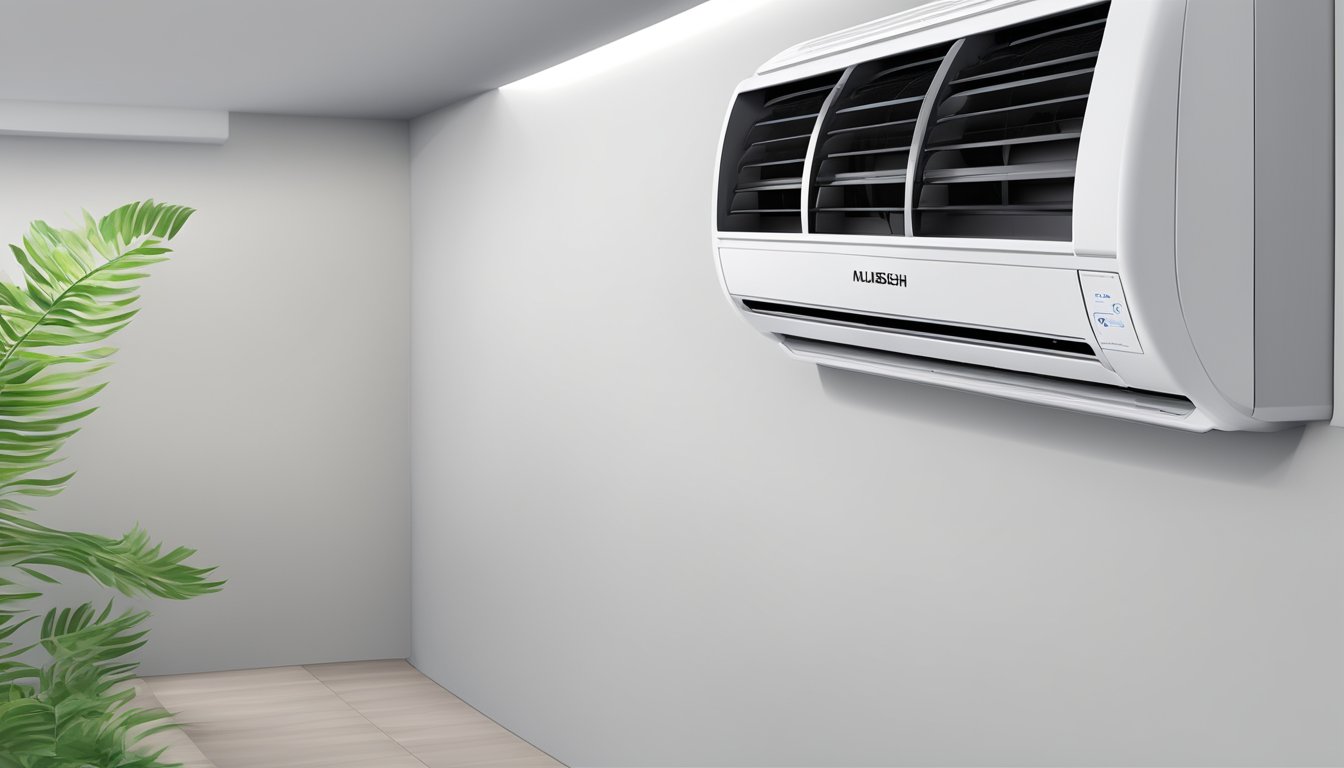 A Mitsubishi air conditioner set to fan mode, with air flowing through the vents and the control panel displaying the fan symbol