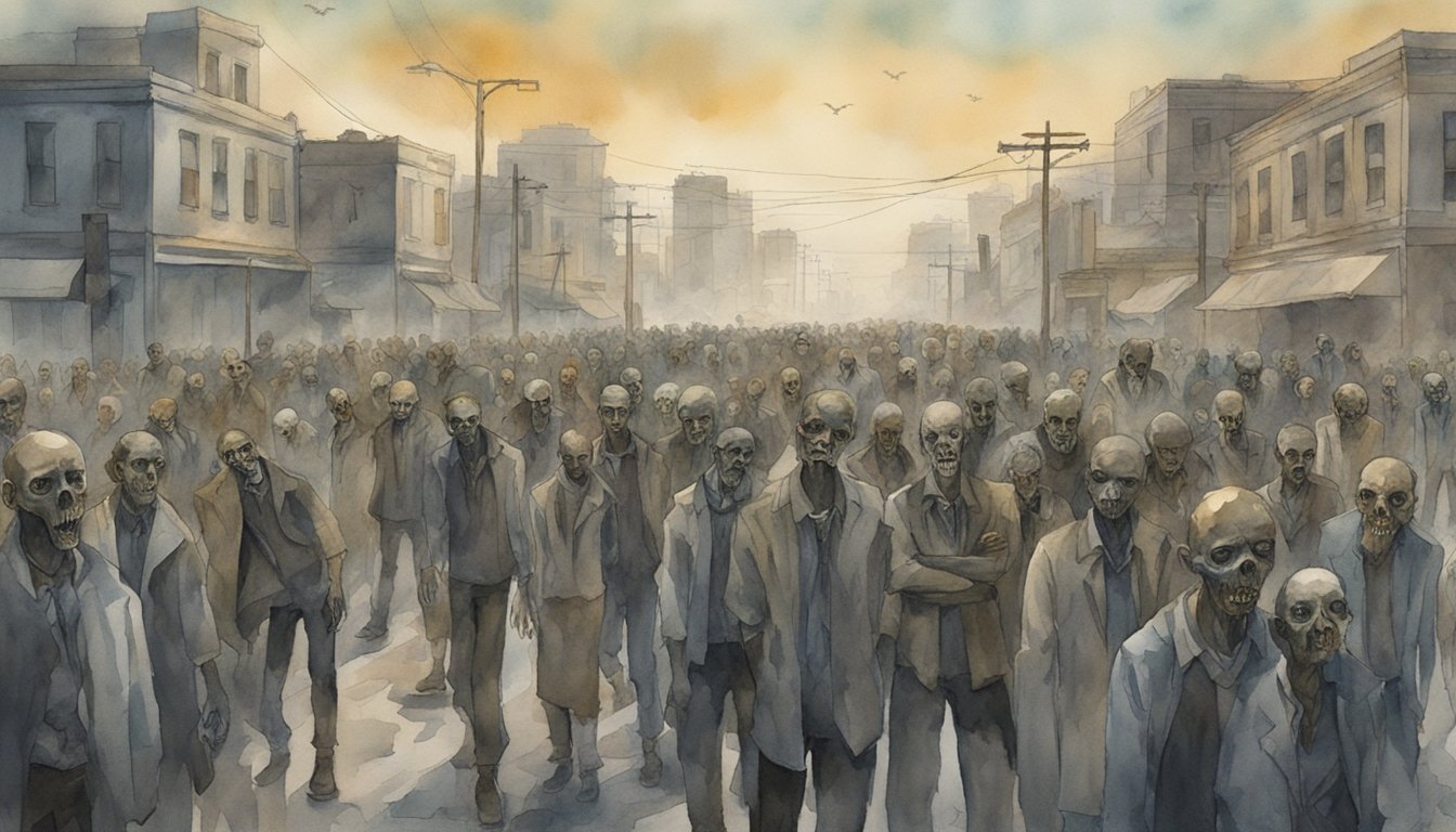 A horde of zombies lurk in a desolate city, their decaying bodies and vacant stares striking fear into the hearts of onlookers