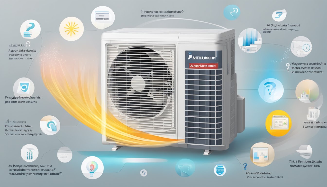 A Mitsubishi air conditioner in fan mode with swirling air and a digital display showing "Frequently Asked Questions."