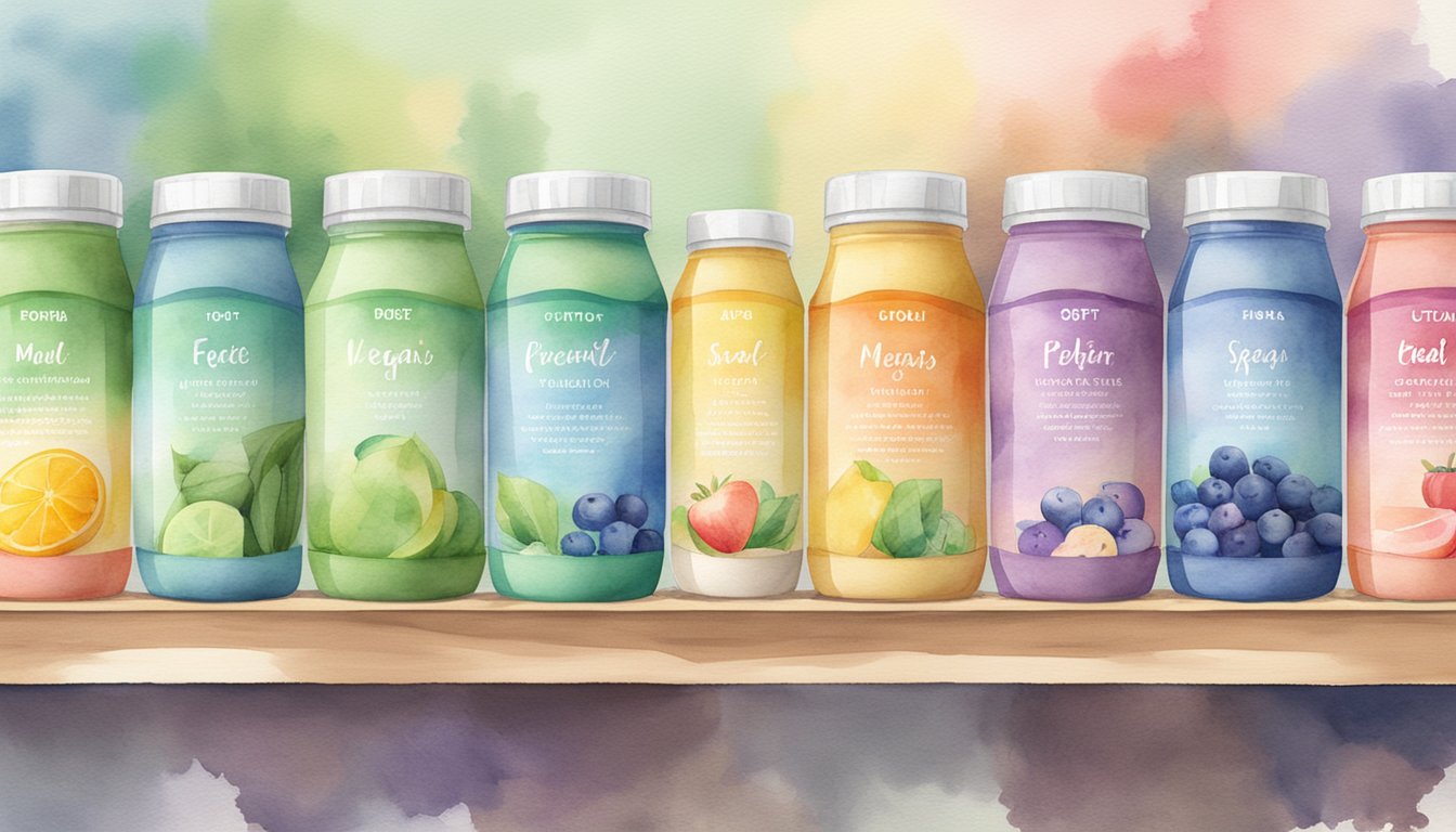 A variety of vegan meal replacement shakes displayed on a shelf, with colorful packaging and labels indicating different flavors and nutritional benefits