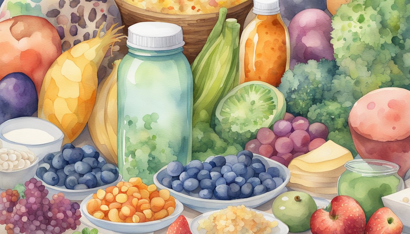 A bottle of probiotics sits next to a plate of colorful, fiber-rich foods, surrounded by a diverse array of gut-friendly bacteria