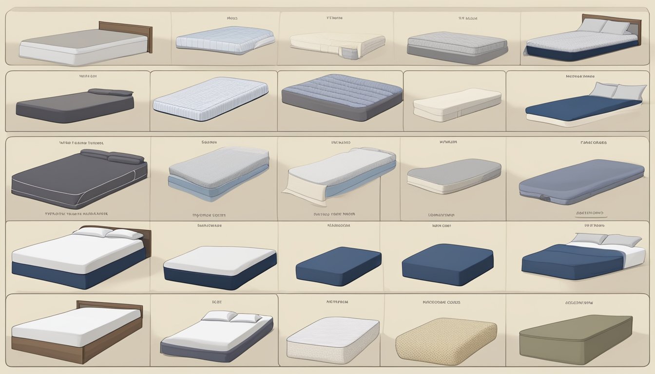 A bed with various mattress sizes labeled, from twin to king, against a plain background