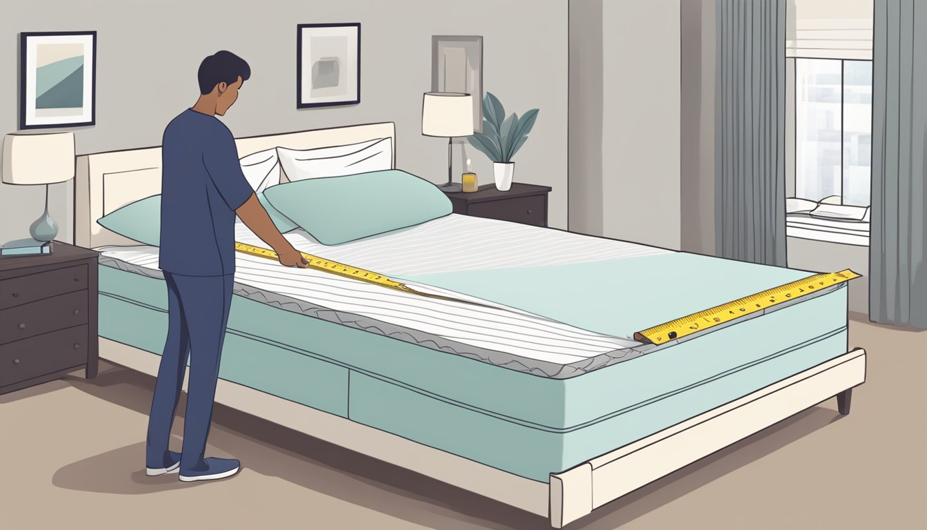 A tape measure stretches across a mattress, noting its length and width. A person looks over a list of frequently asked questions about mattress dimensions