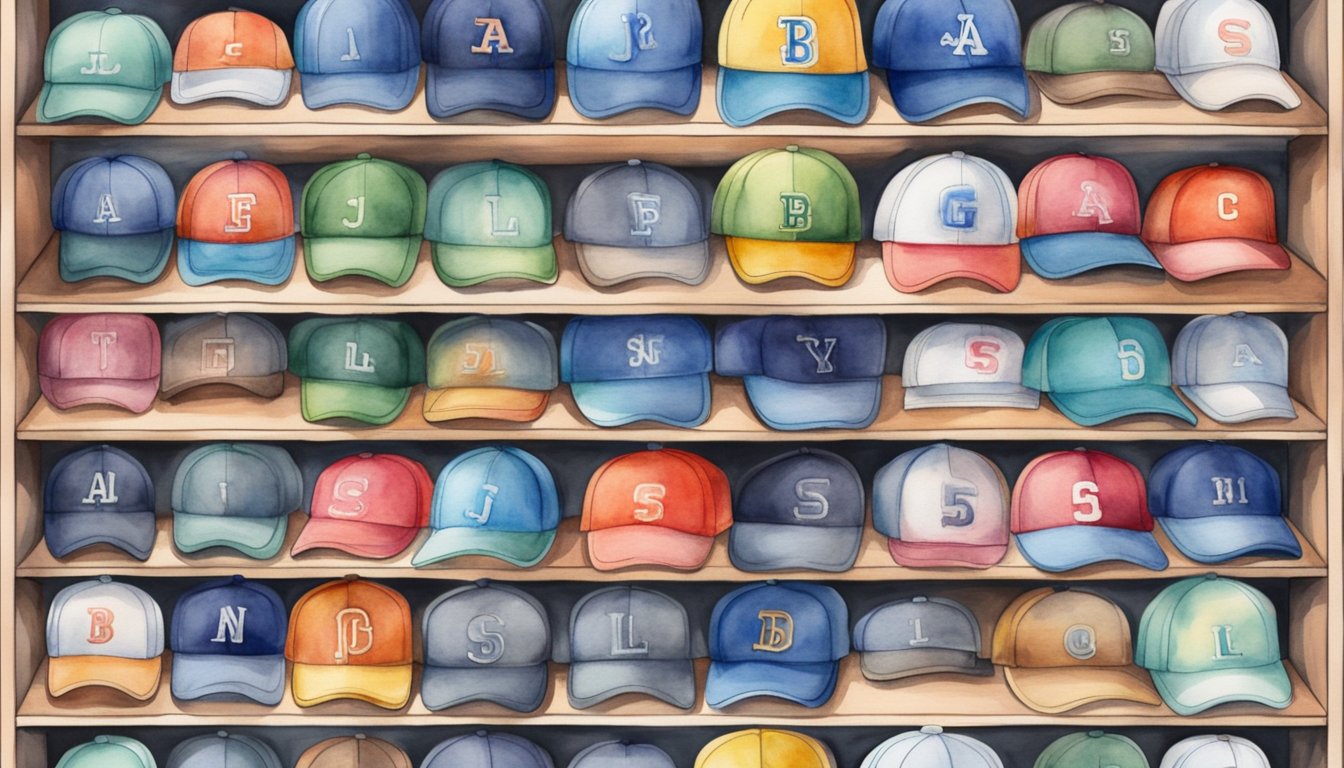 Baseball caps from various fashion brands displayed on shelves in a trendy shopping store