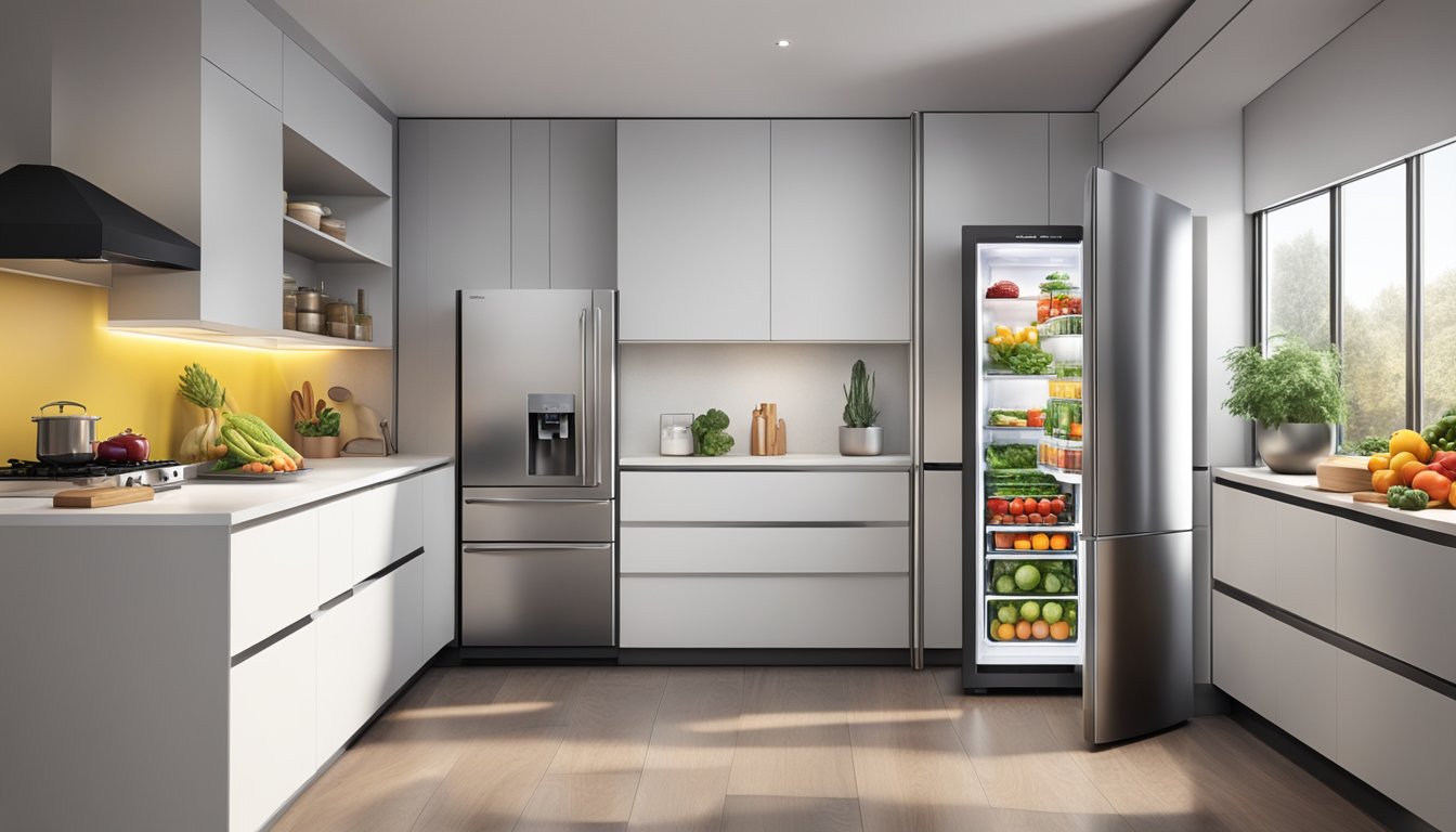 A Europace fridge stands in a modern kitchen, filled with neatly organized groceries and brightly colored produce. The sleek stainless steel exterior reflects the ambient light, giving the scene a sense of cleanliness and sophistication