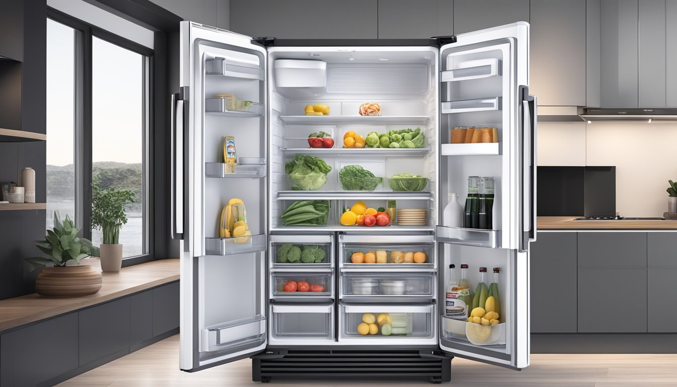 A Europace fridge stands tall, showcasing its sleek design and in-depth features. The interior is illuminated, revealing adjustable shelves and spacious compartments