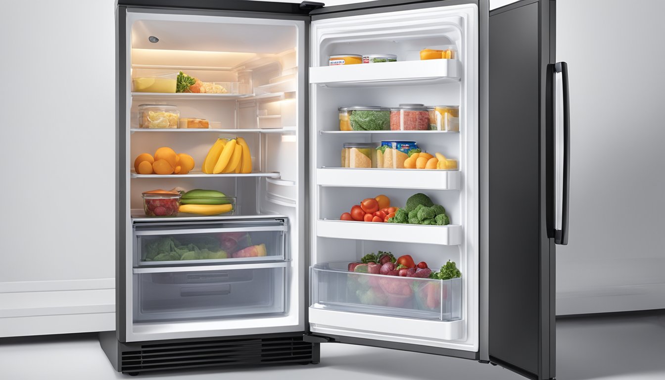 A customer opening a Europace fridge, smiling at its spacious interior and easy-to-use features