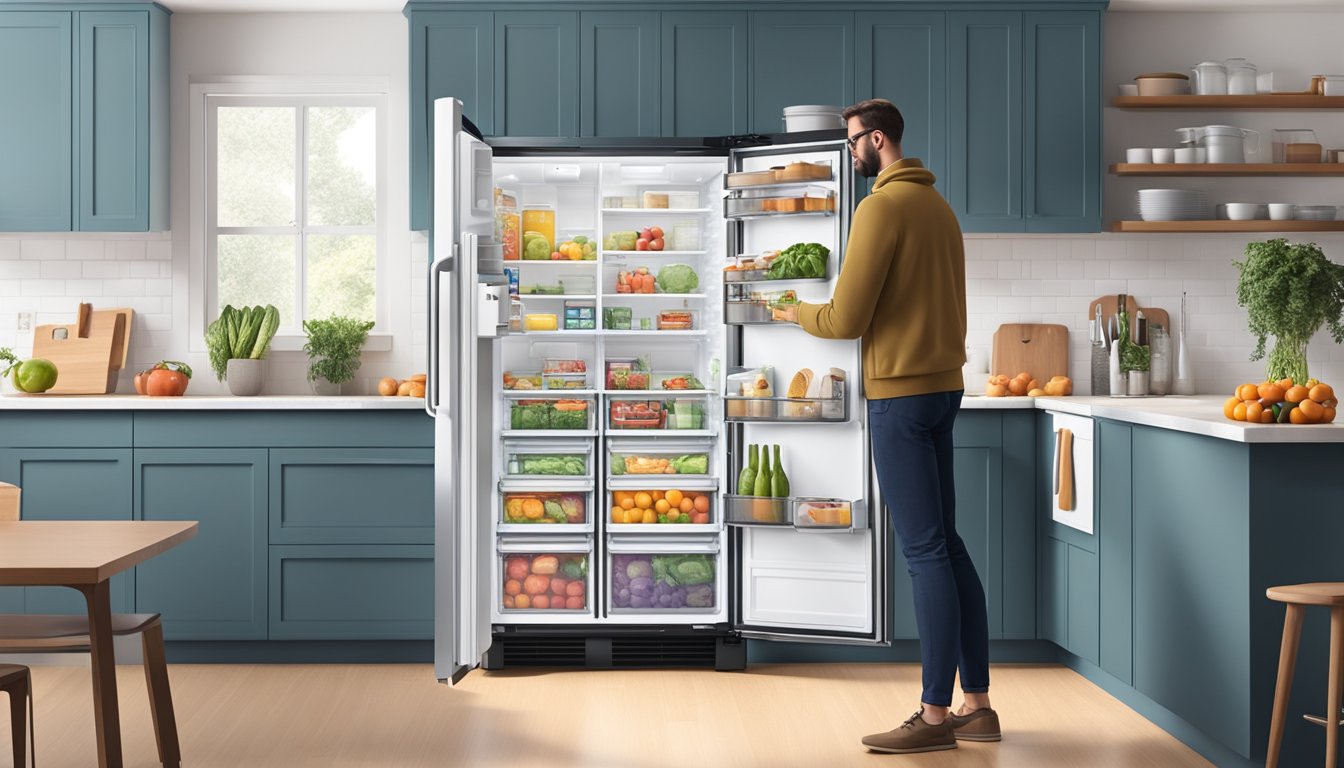 A Europace fridge sits in a modern kitchen, surrounded by neatly organized groceries. A customer reads a review on a tablet nearby