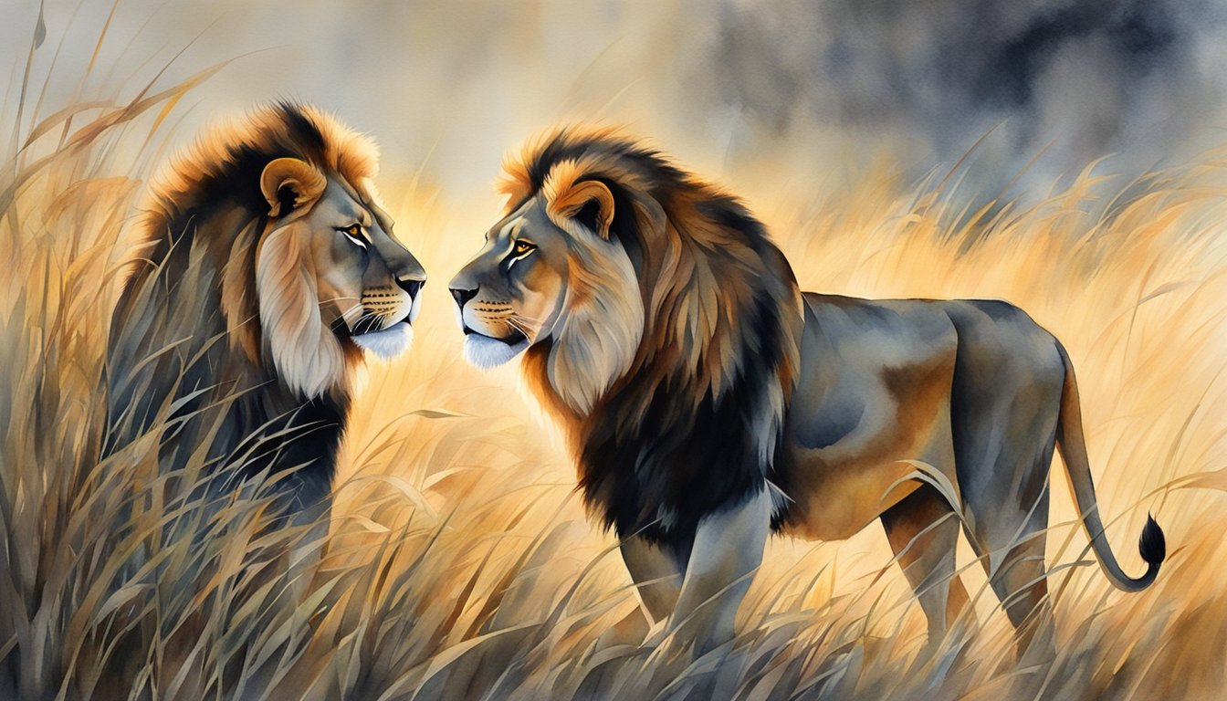 Two menacing lions stalk through the tall grass, their eyes fixed on their prey.</p><p>The setting sun casts an eerie glow on their sleek, powerful bodies as they prepare to strike