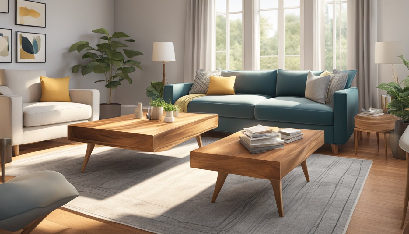 A solid wood coffee table sits in a cozy living room, bathed in warm natural light. Its rich grain and sturdy construction exude timeless charm