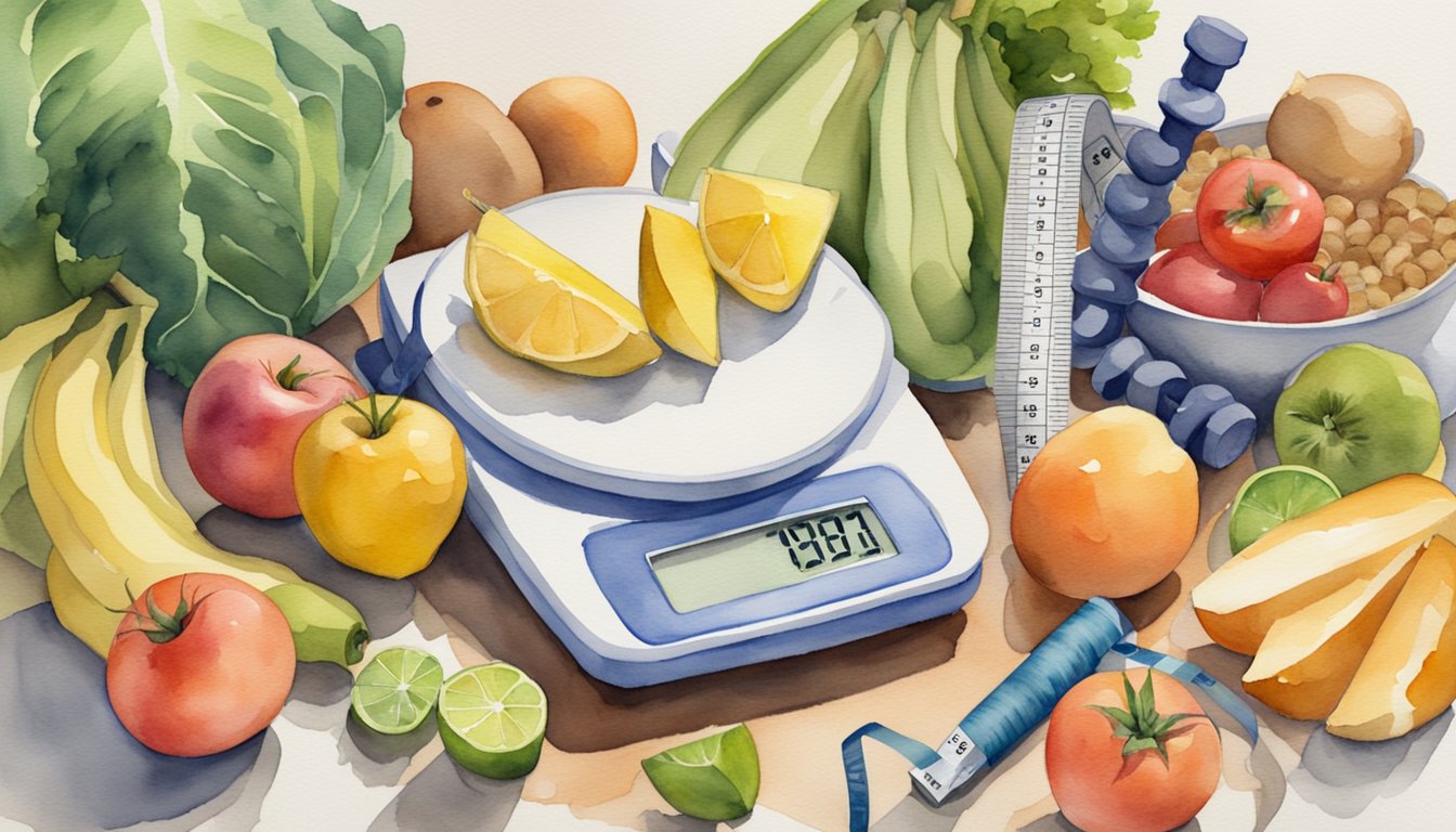 A scale surrounded by healthy food and exercise equipment, with a tape measure and fat calipers nearby