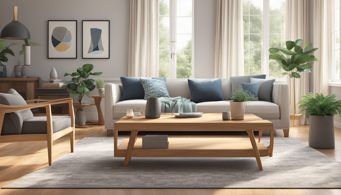 A solid wood coffee table sits in a well-lit, spacious living room surrounded by comfortable seating and stylish decor