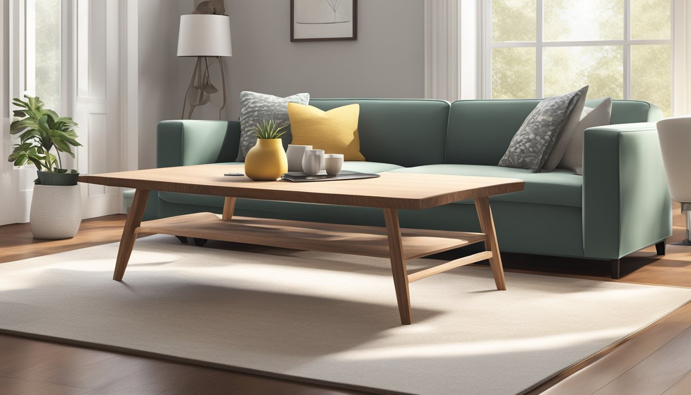 A solid wood coffee table with a sleek, minimalist design sits in a well-lit living room, adorned with a few carefully placed decorative items