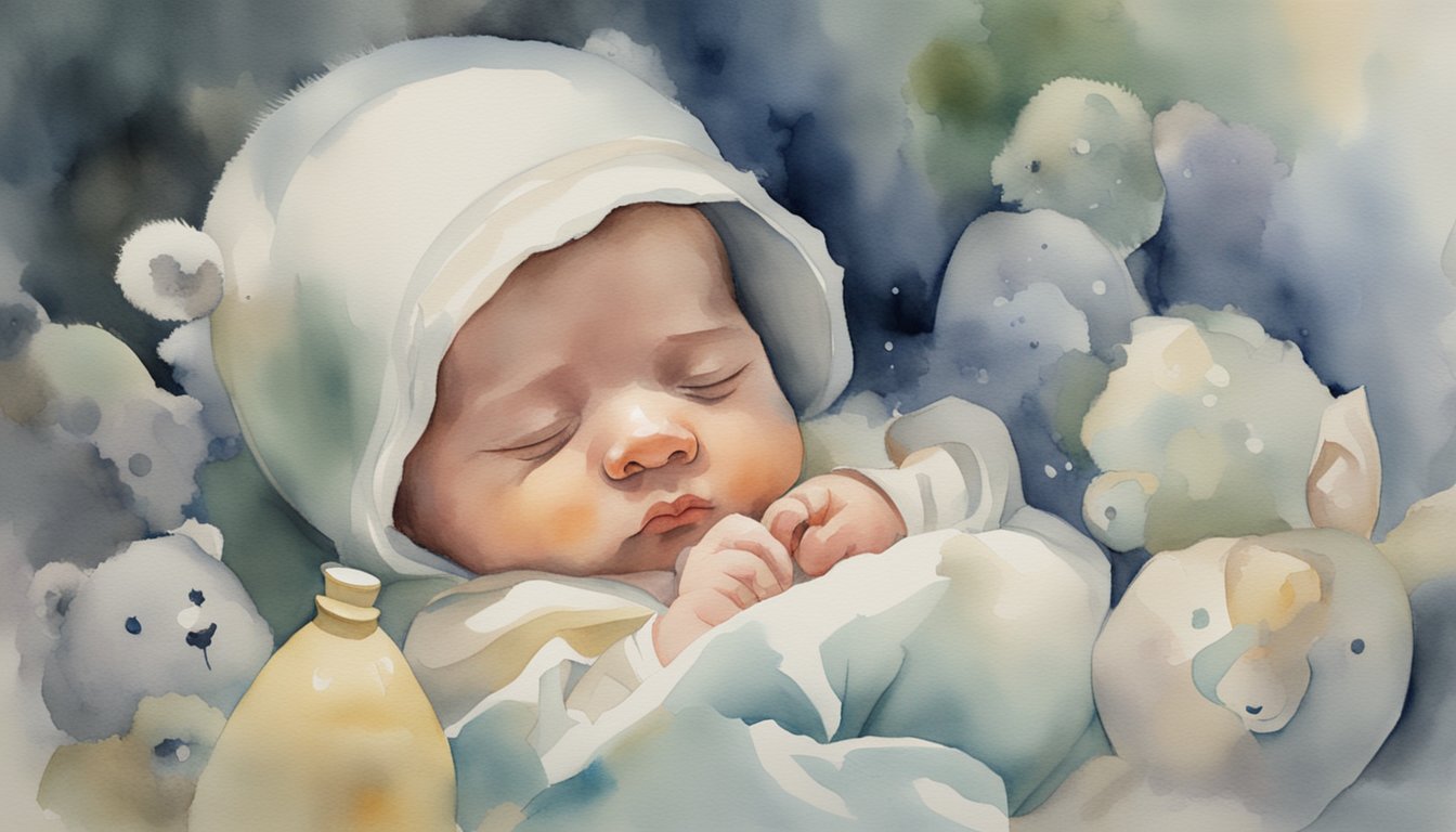 A crying newborn surrounded by soothing objects and soft lighting