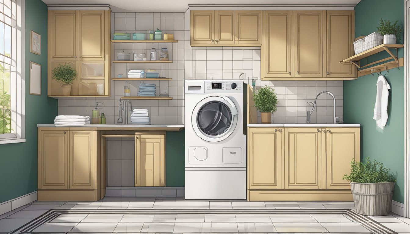 A lower height washing machine sits against a tiled wall in a compact laundry room