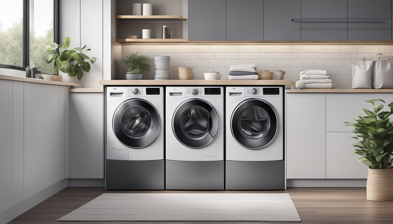 A lower height washing machine with a sleek design, front-loading door, and easy-to-use control panel in a modern laundry room setting