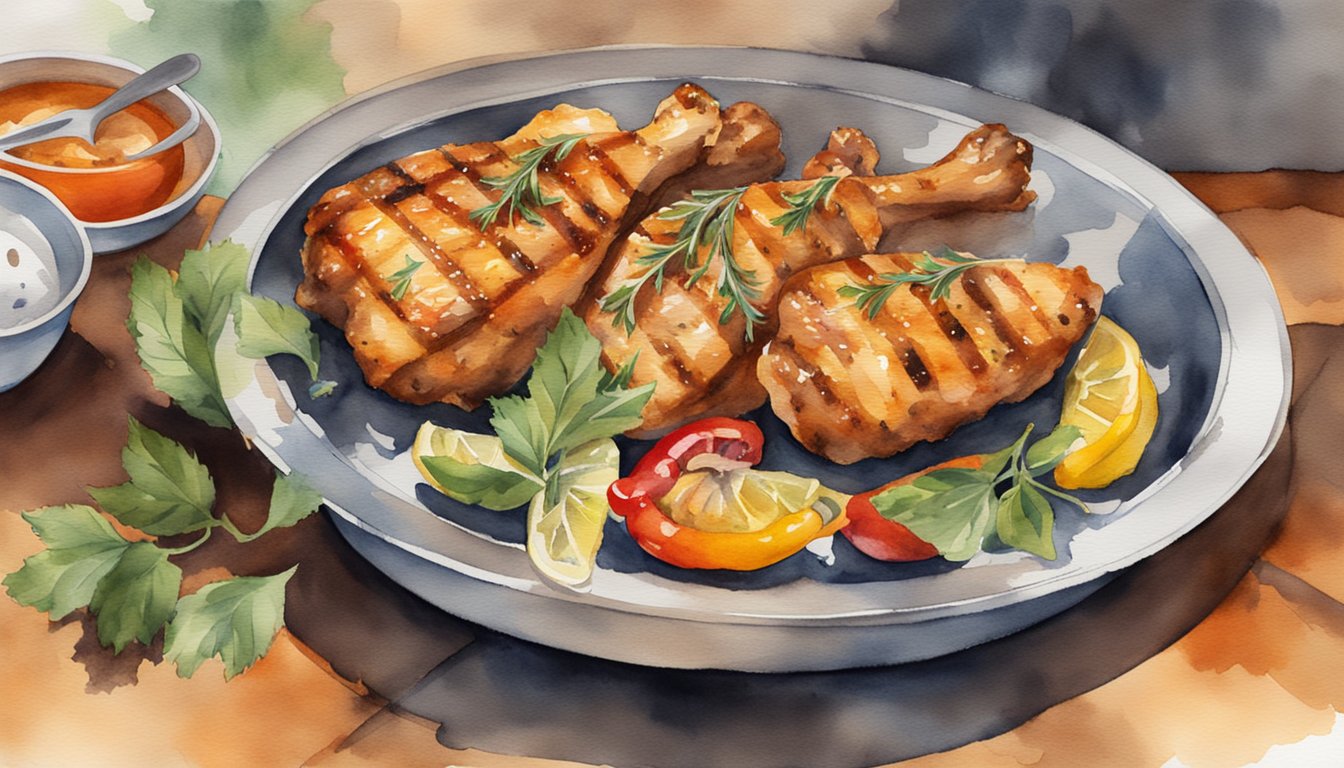 A sizzling grill cooks marinated chicken with a blend of aromatic spices like allspice, thyme, and scotch bonnet peppers