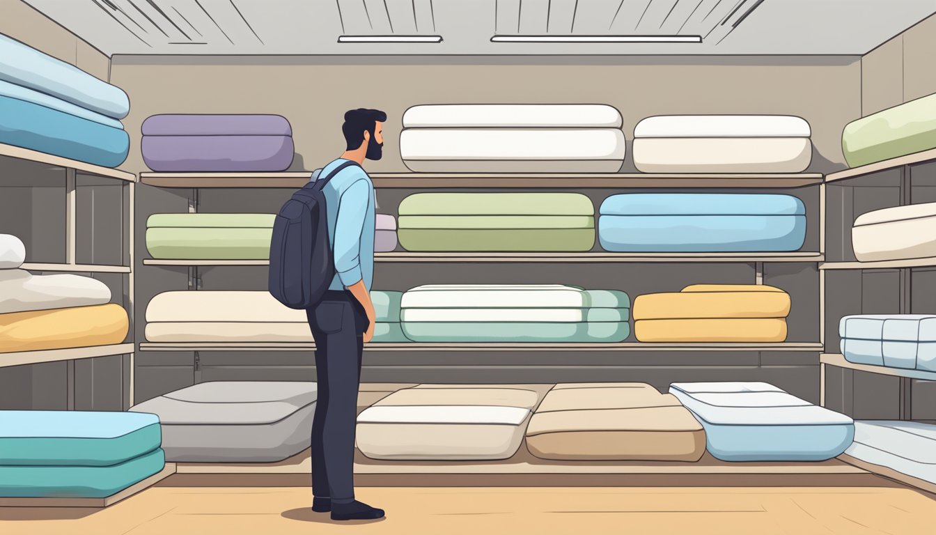 A customer browsing through various memory foam mattresses on sale, comparing different options and features before making a decision