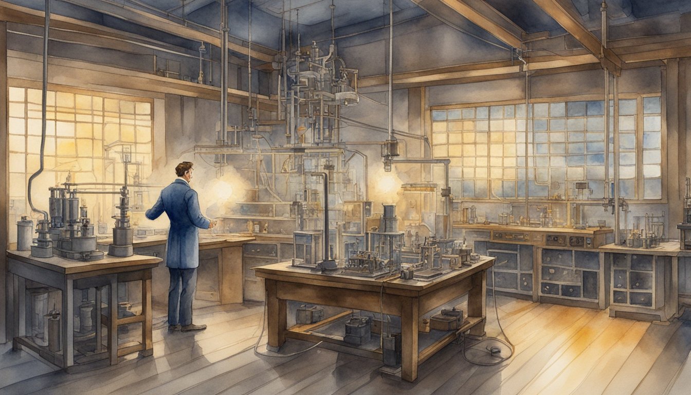 Nikola Tesla's lab, filled with electrical equipment and coils, with sparks flying as he makes key discoveries