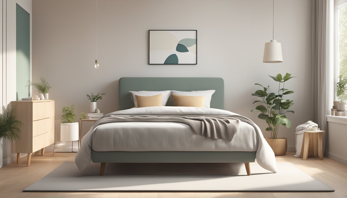 A single bed frame with a mattress placed in a simple, uncluttered room with neutral colors and soft lighting