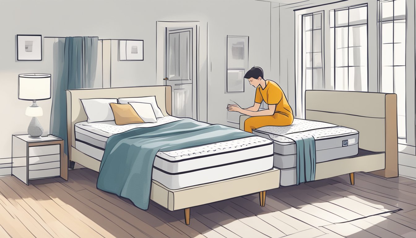 A person carefully choosing a single bed frame and mattress from a selection of options