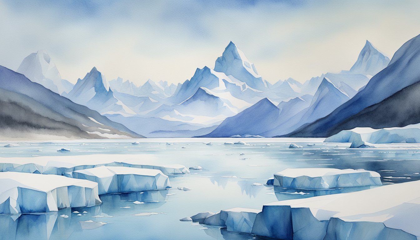 A vast, frozen landscape stretches as far as the eye can see, with towering icebergs and snow-covered mountains under a clear, blue sky