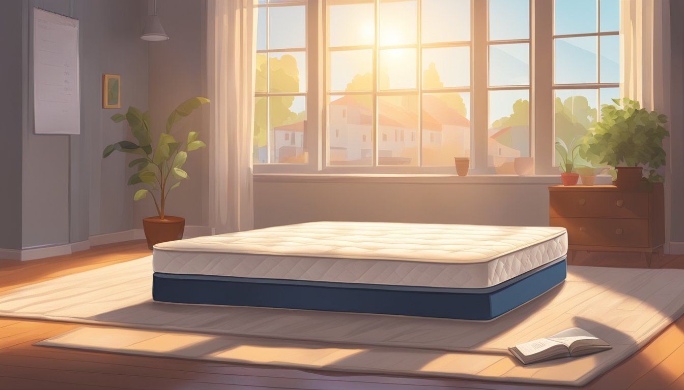 A worn-out mattress sits next to a calendar with a red circle around the date. Sunlight streams through a window, casting a spotlight on the mattress