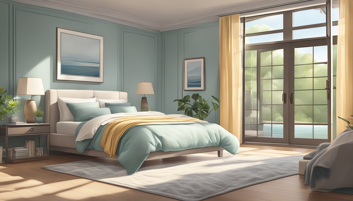 A serene bedroom with a cooling mattress pad, soft pillows, and a gentle breeze through an open window