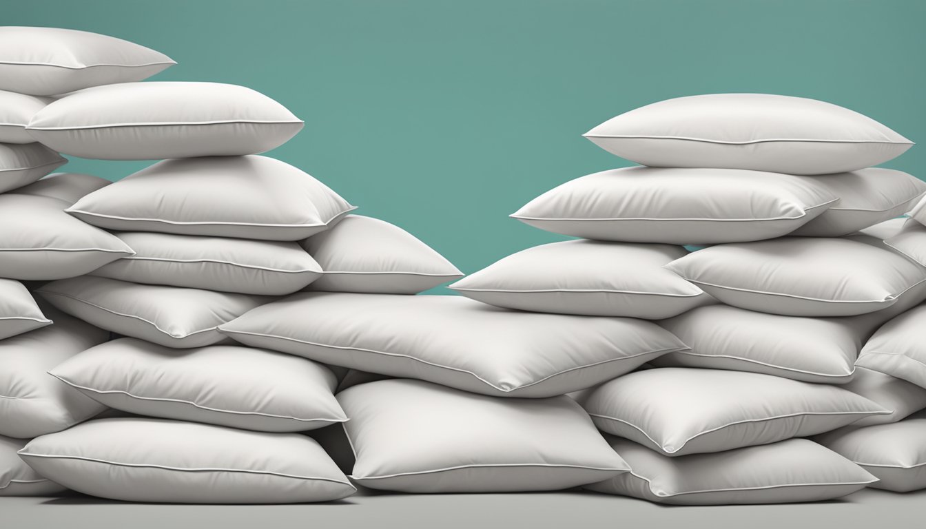A pile of 100 latex pillows stacked neatly on a bed