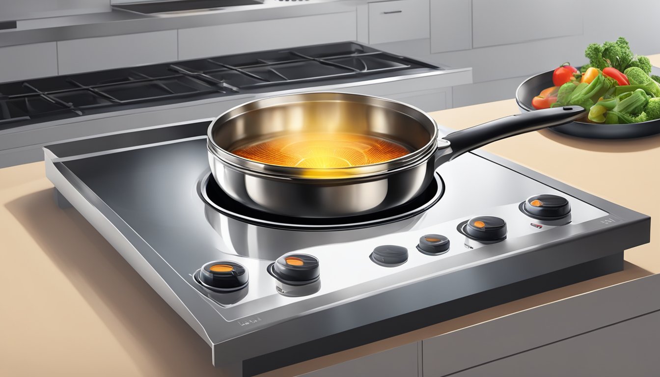 An induction kitchen with a sleek glass cooktop, stainless steel pots, and a glowing red heat indicator