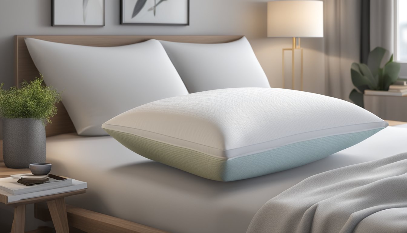 A 100% latex pillow sits on a bed, surrounded by a variety of other pillows. The pillow is fluffy and inviting, with a soft, smooth texture
