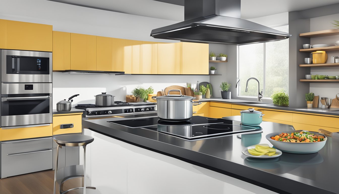 A sleek, modern kitchen with a glowing induction cooktop, pots and pans hovering above, and digital controls
