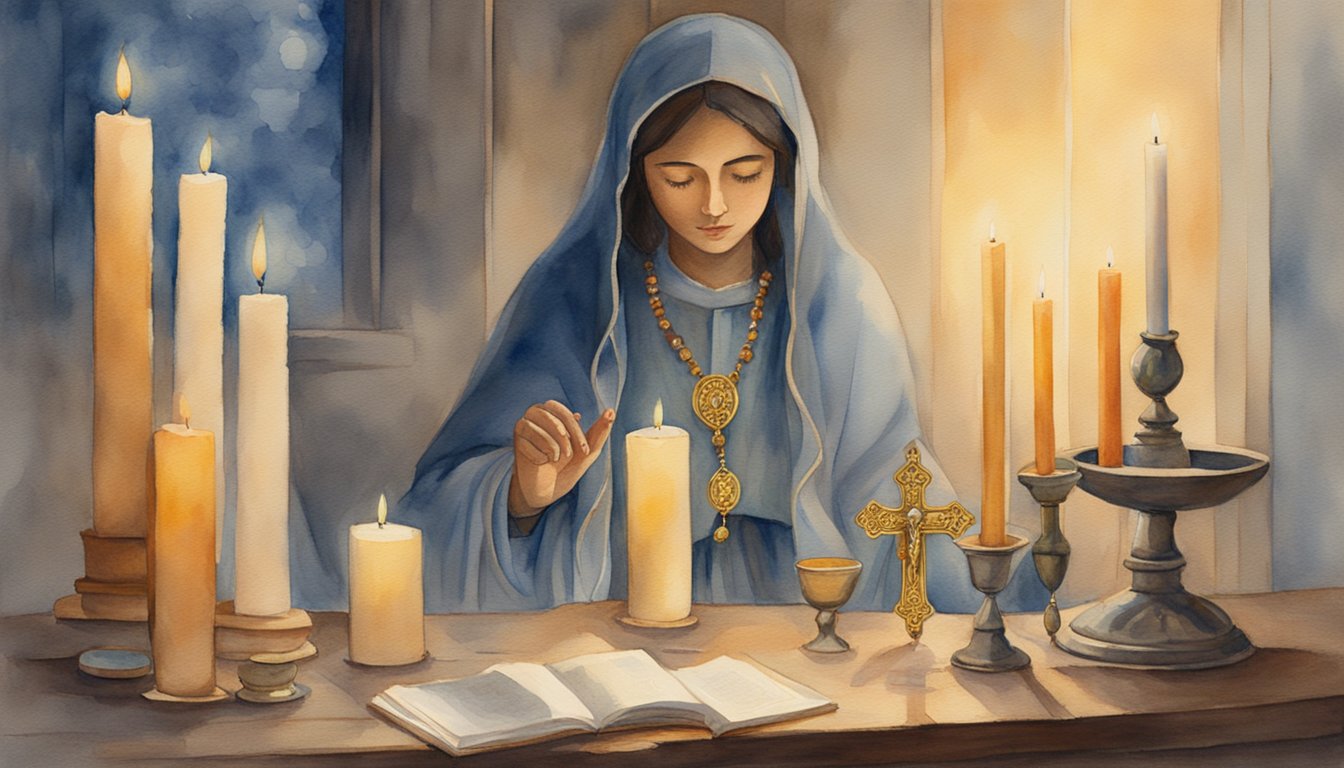 A rosary hangs from a wooden stand, surrounded by candles and incense.</p><p>A figure kneels in prayer, with a serene expression