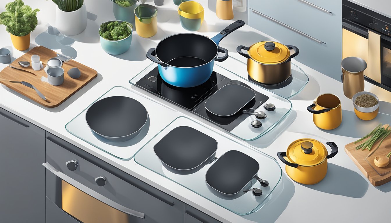 A person placing induction cookware onto a sleek, glass-topped induction stove, with a variety of pots and pans neatly organized nearby