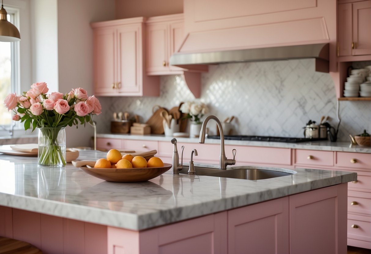 A bright pink kitchen with white marble countertops, stainless steel appliances, and a large farmhouse sink. The cabinets are a soft blush pink, and there are fresh flowers on the island