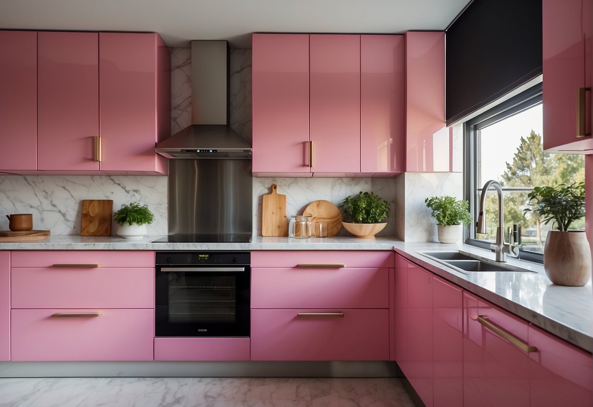 A bright, modern kitchen with glossy pink cabinets, accented with sleek stainless steel appliances and a marble countertop