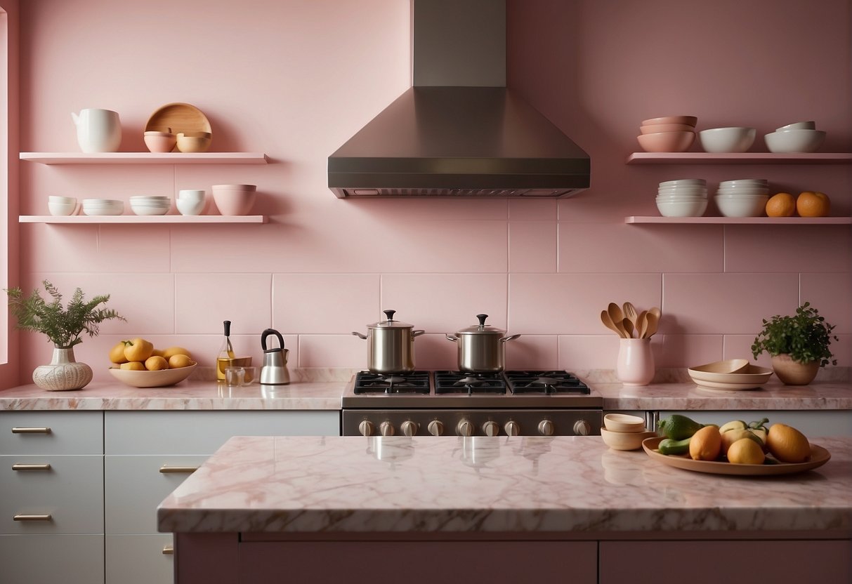 A pink kitchen with white cabinets, pink walls, and a pink tile backsplash. The countertops are a light marble, and there are stainless steel appliances