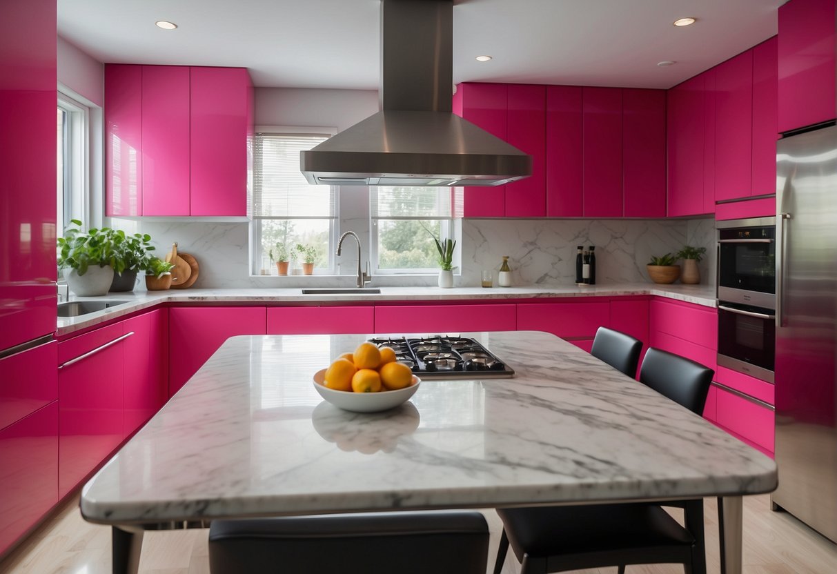 A bright pink kitchen with marble countertops, sleek surfaces, and modern appliances