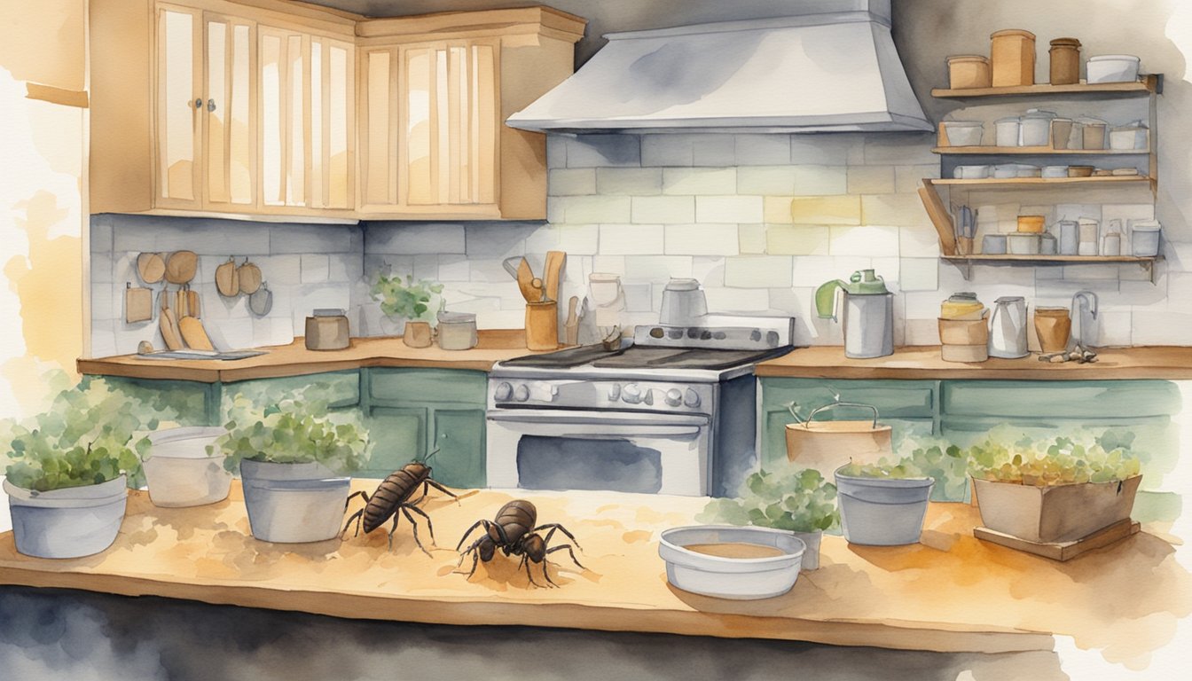 Roaches and termites are being sprayed with insecticide in a kitchen, while traps are being set in the basement